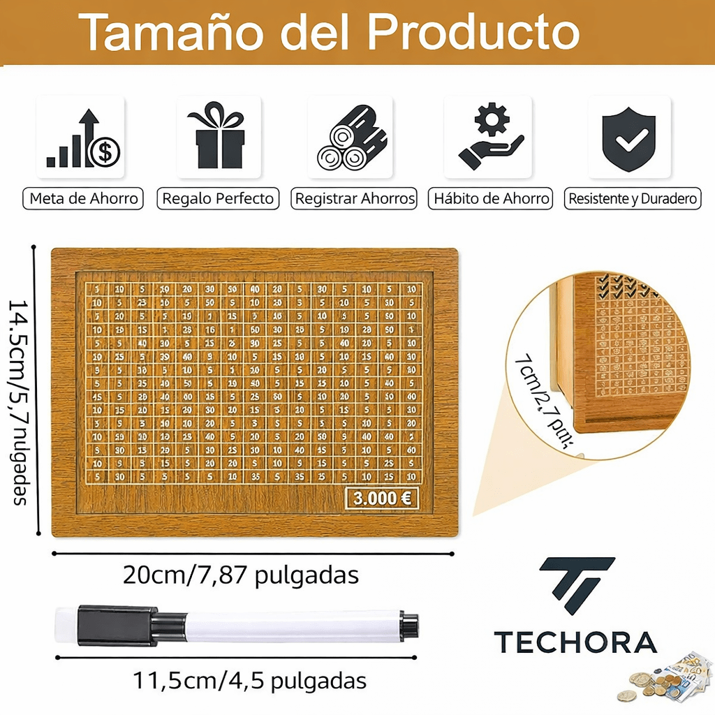 Hucha de Madera Personalizable para Ahorrar Dinero (Metas de 500€ a 10.000€) - Techora